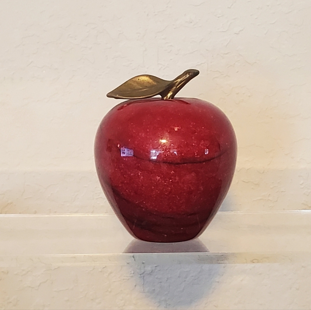 Vintage Red Polished Marble Apple Paperweight With Brass Stem